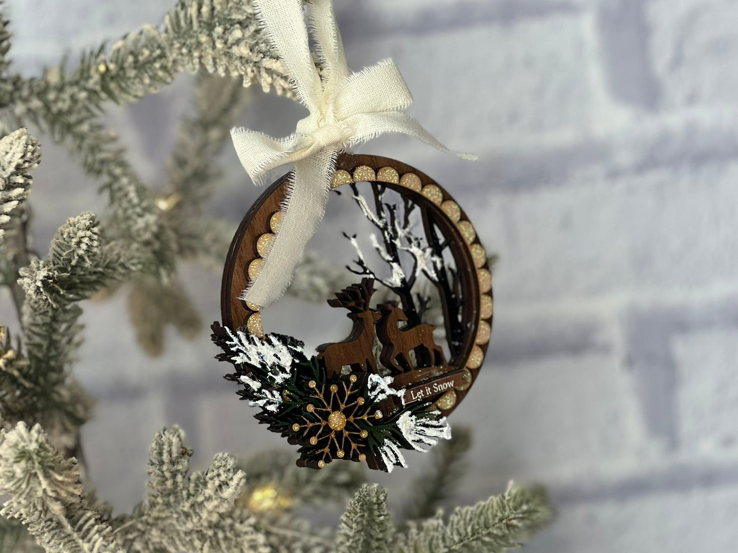 Decorative ornament on a Christmas tree with a white background