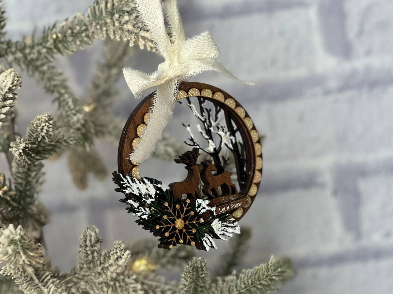 Decorative ornament on a Christmas tree with a white background