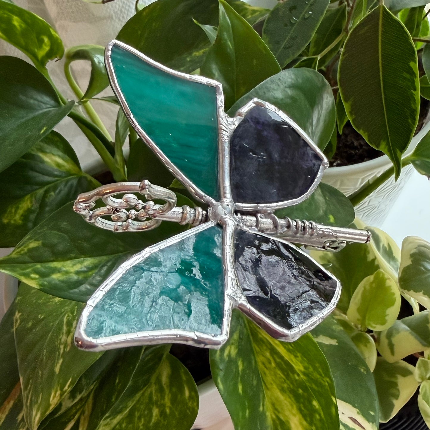 Butterfly Key Stained Glass Garden Stake