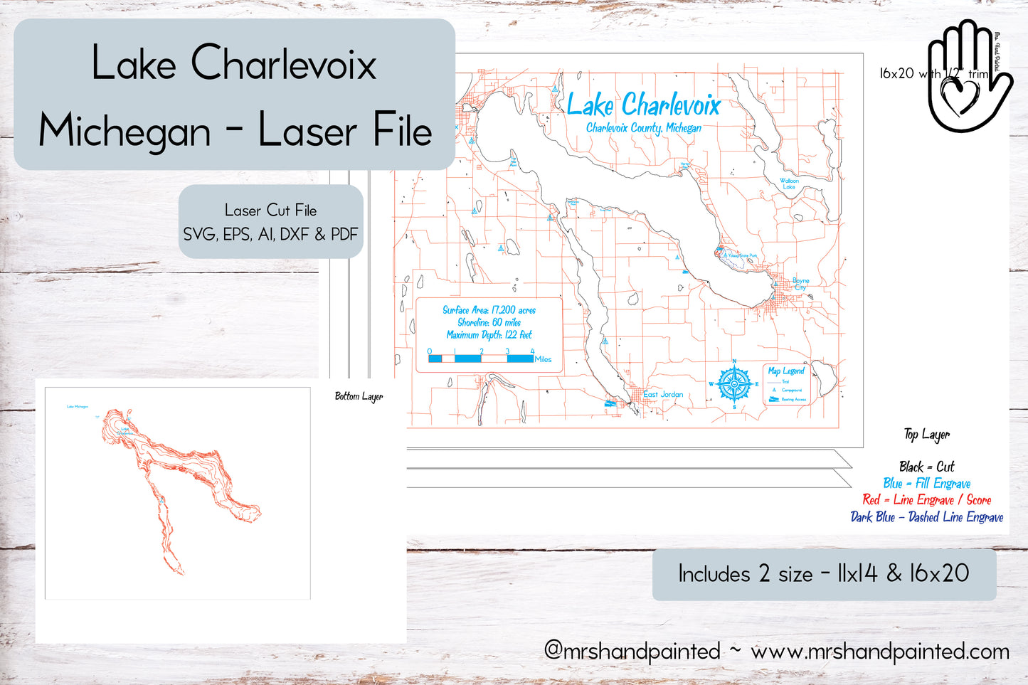 Lake Charlevoix - Michegan - Laser Engraved Map