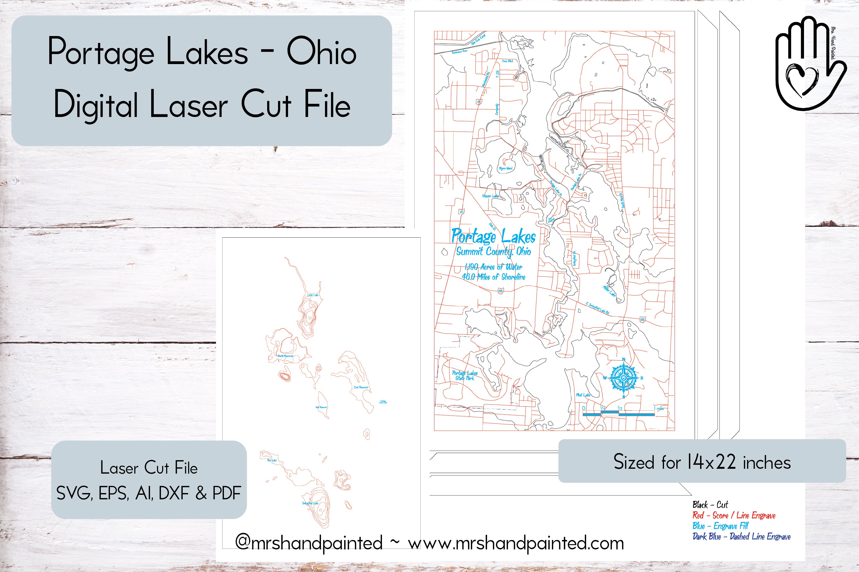 Portage Lakes, Ohio Laser Engraved Map File DIGITAL FILE MrsHandPainted
