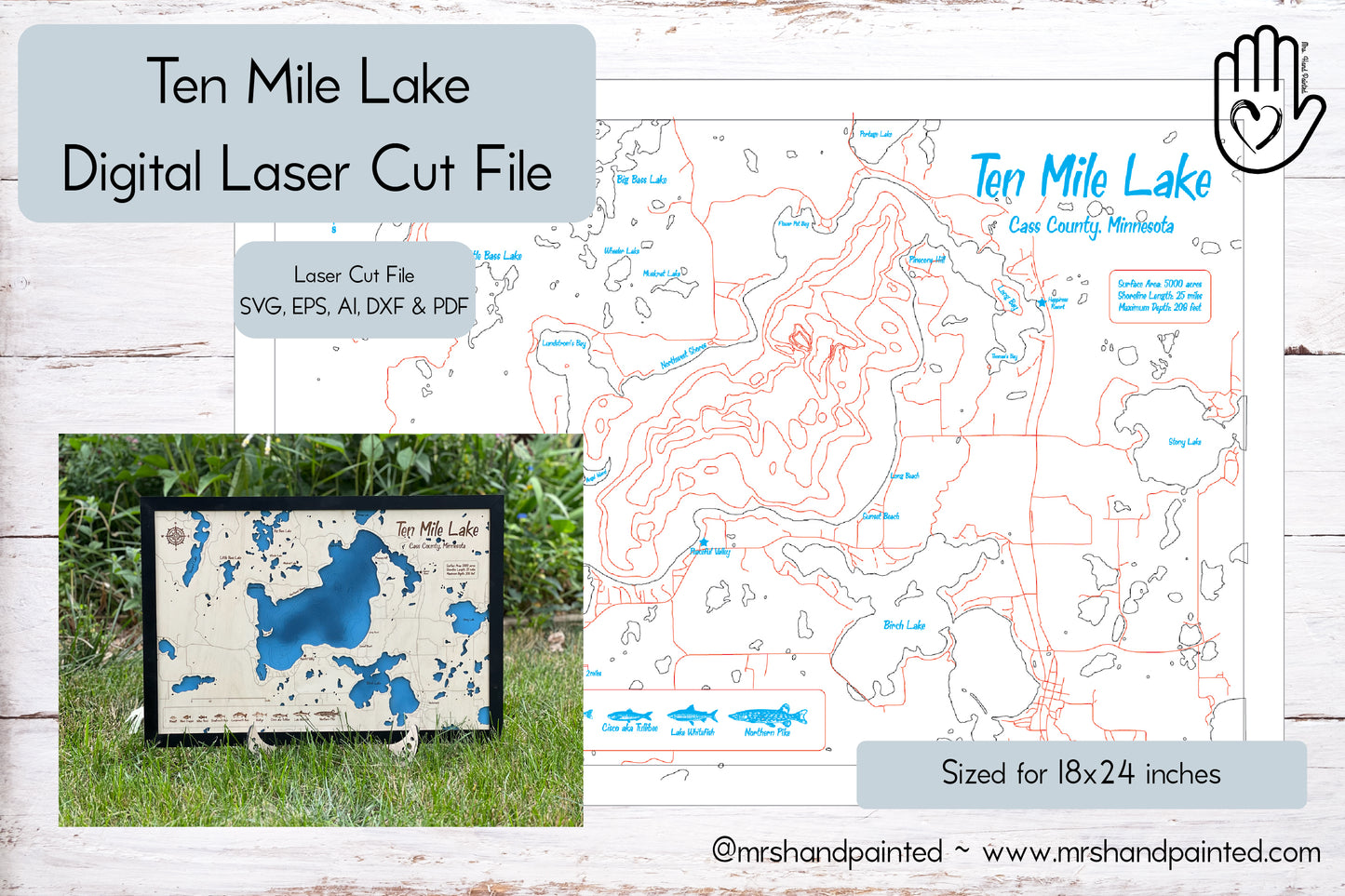 Ten Mile Lake - Cass County Minnesota- Laser Engraved Map File