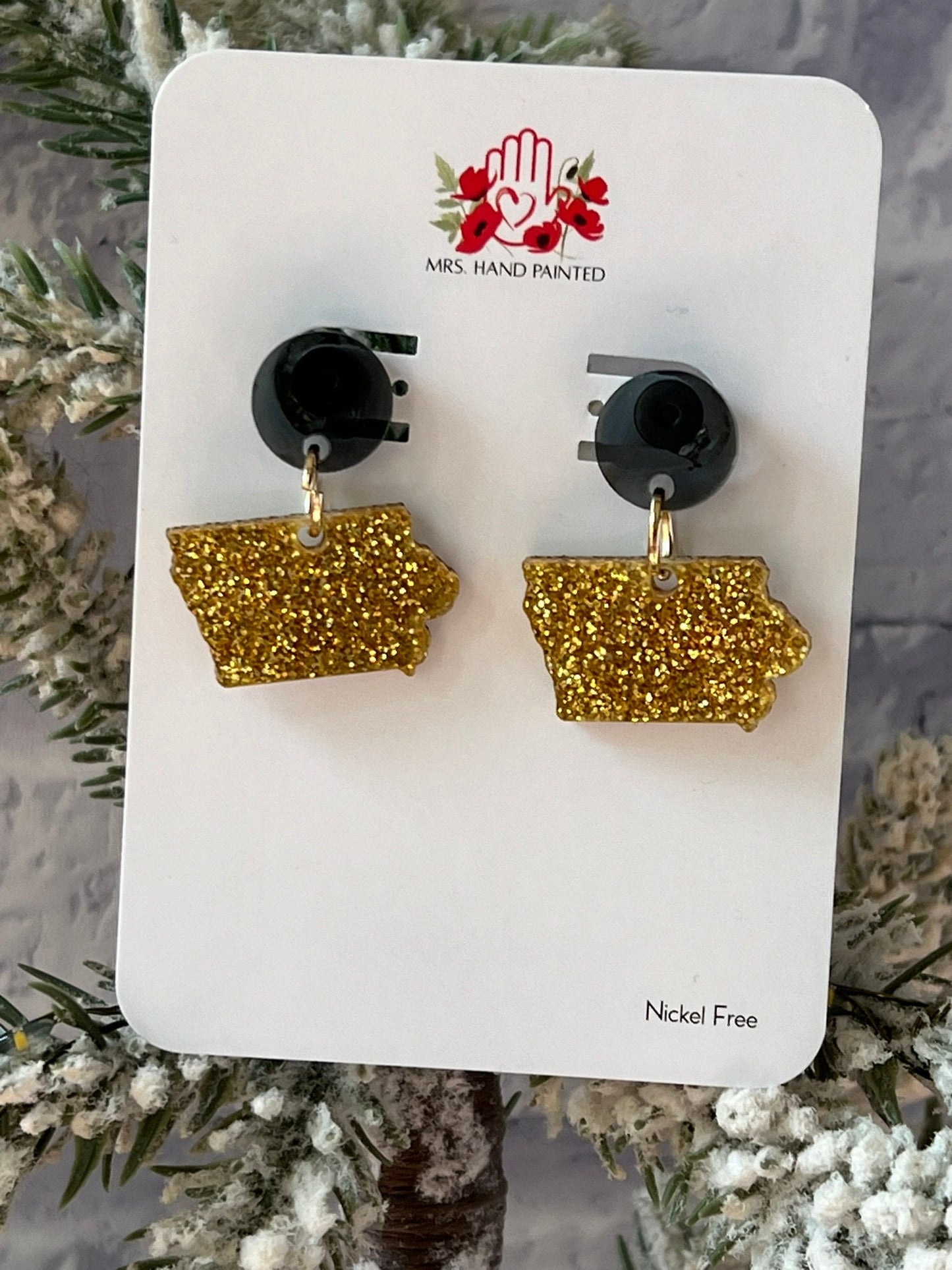 Iowa Black & Gold Glitter Acrylic Dangle Earrings