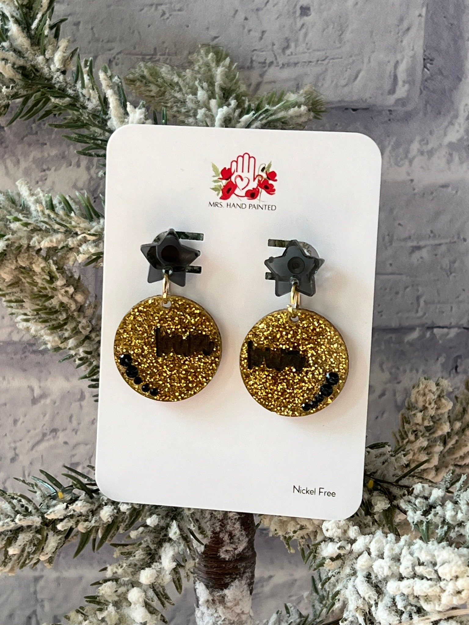 Iowa Black & Gold Glitter Acrylic Dangle Earrings