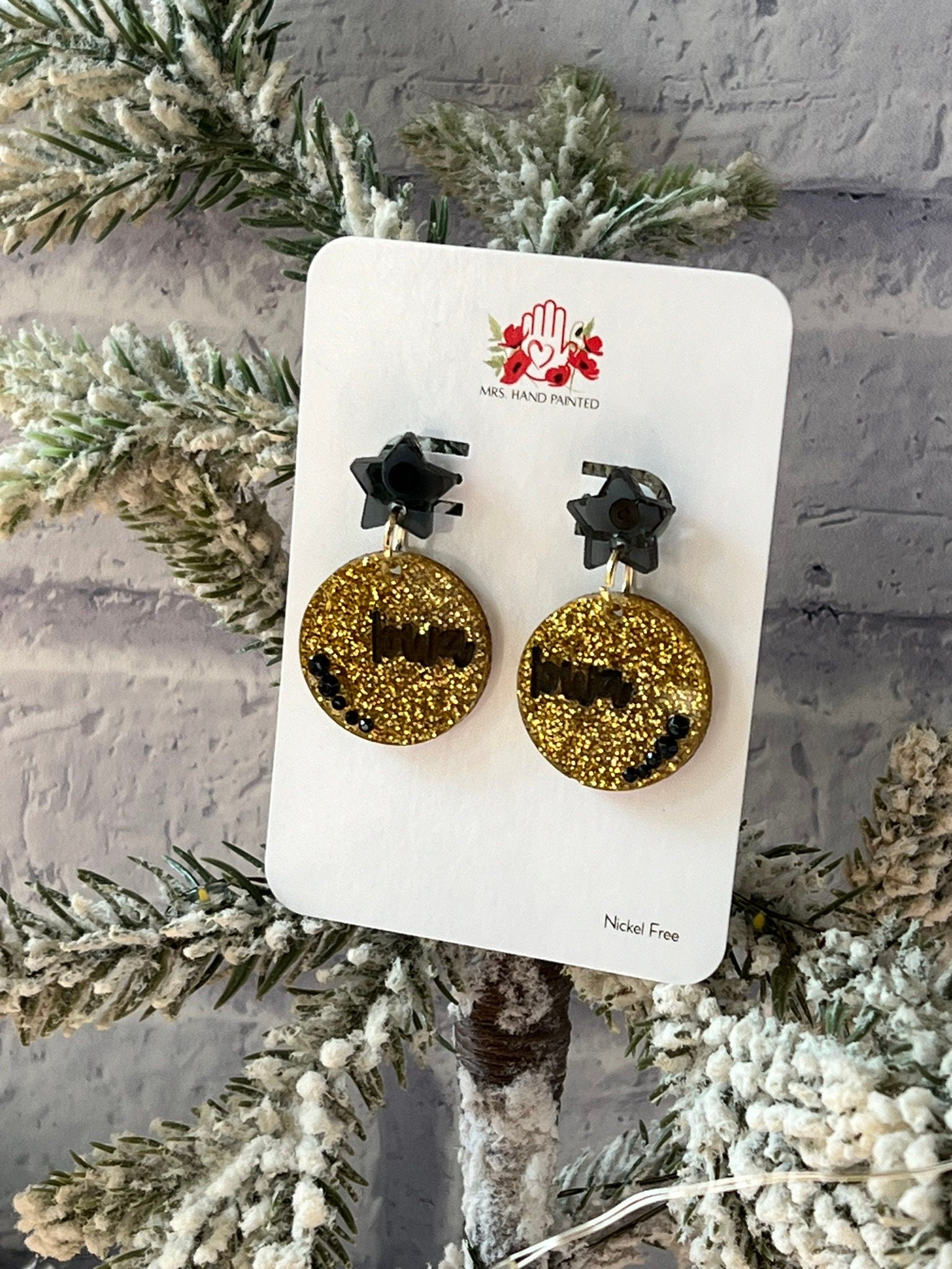 Iowa Black & Gold Glitter Acrylic Dangle Earrings