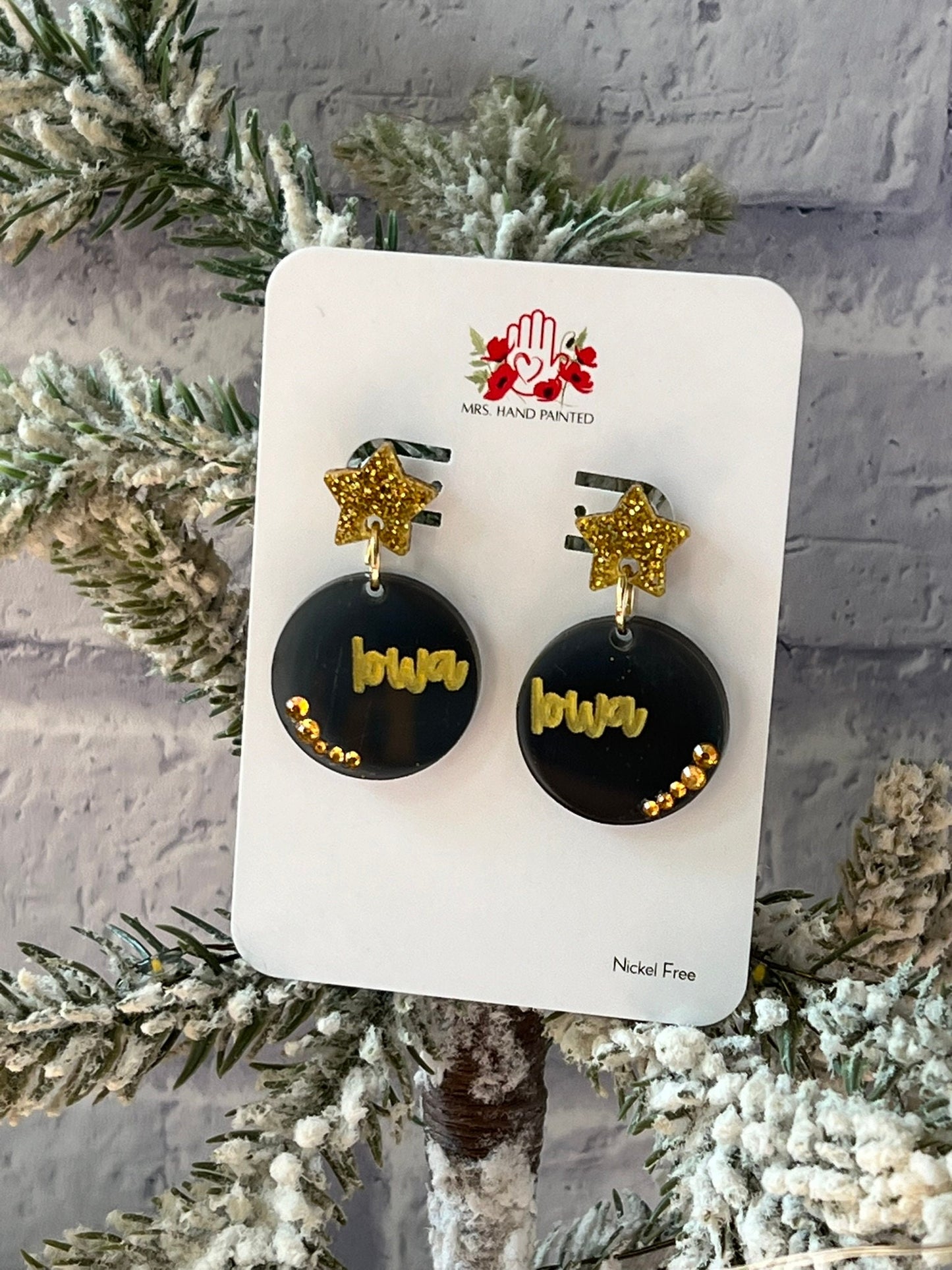 Iowa Black & Gold Glitter Acrylic Dangle Earrings