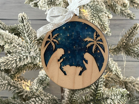 Nativity Scene Acrylic & Wood Christmas Ornament