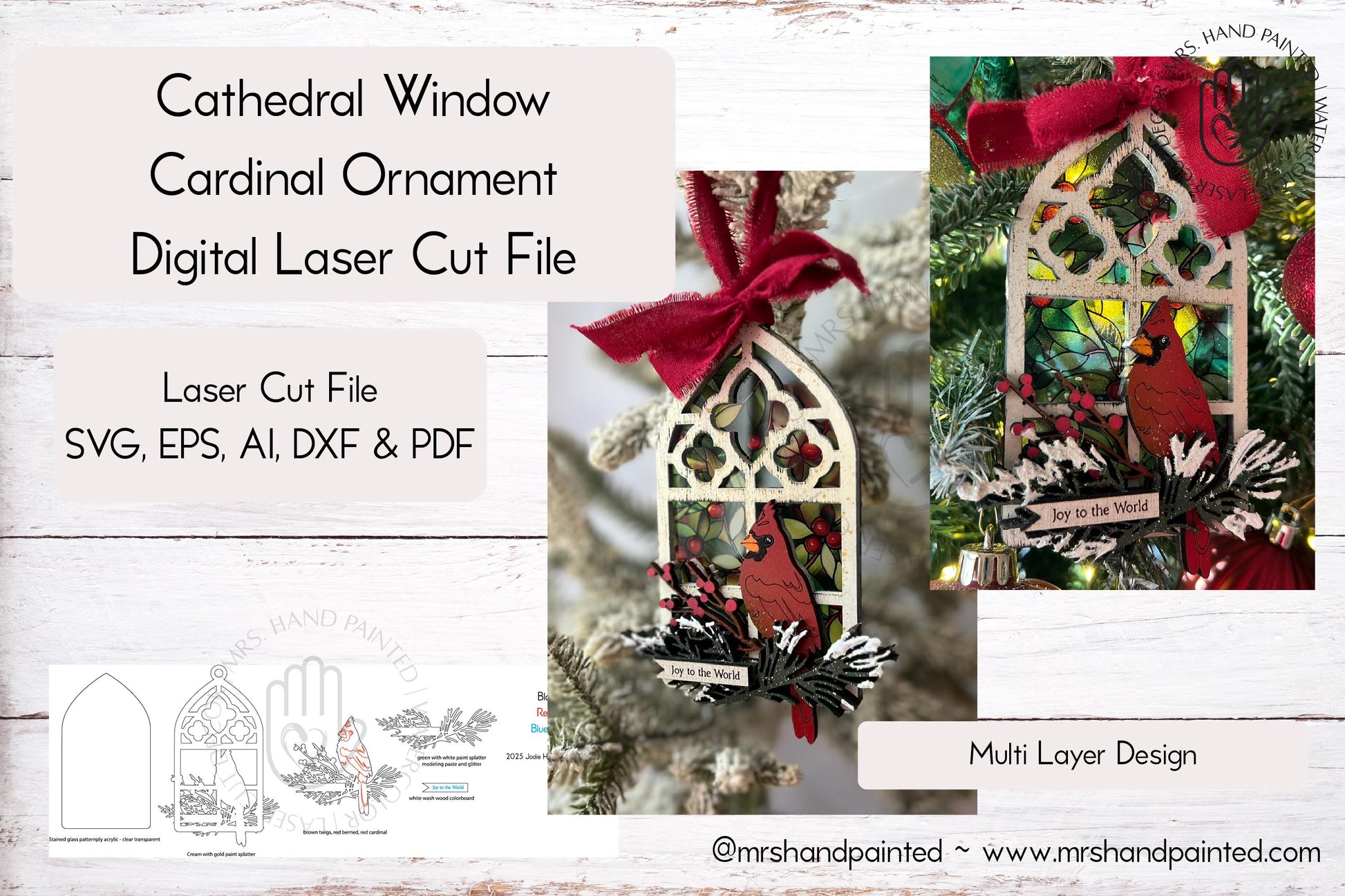 Digital Cut File -Cathedral Window Cardinal Ornament
