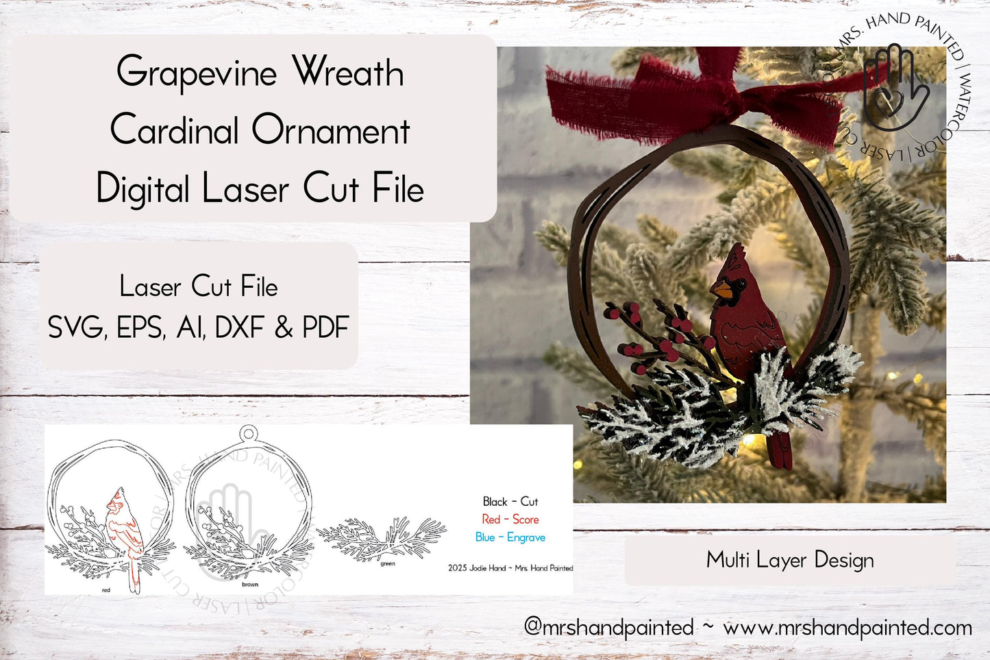 Digital Cut File - Grapevine Wreath Cardinal Ornament