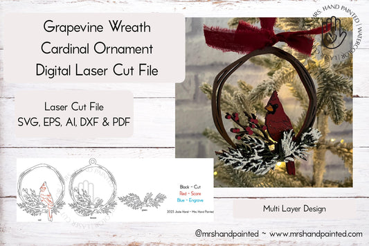 Digital Cut File - Grapevine Wreath Cardinal Ornament