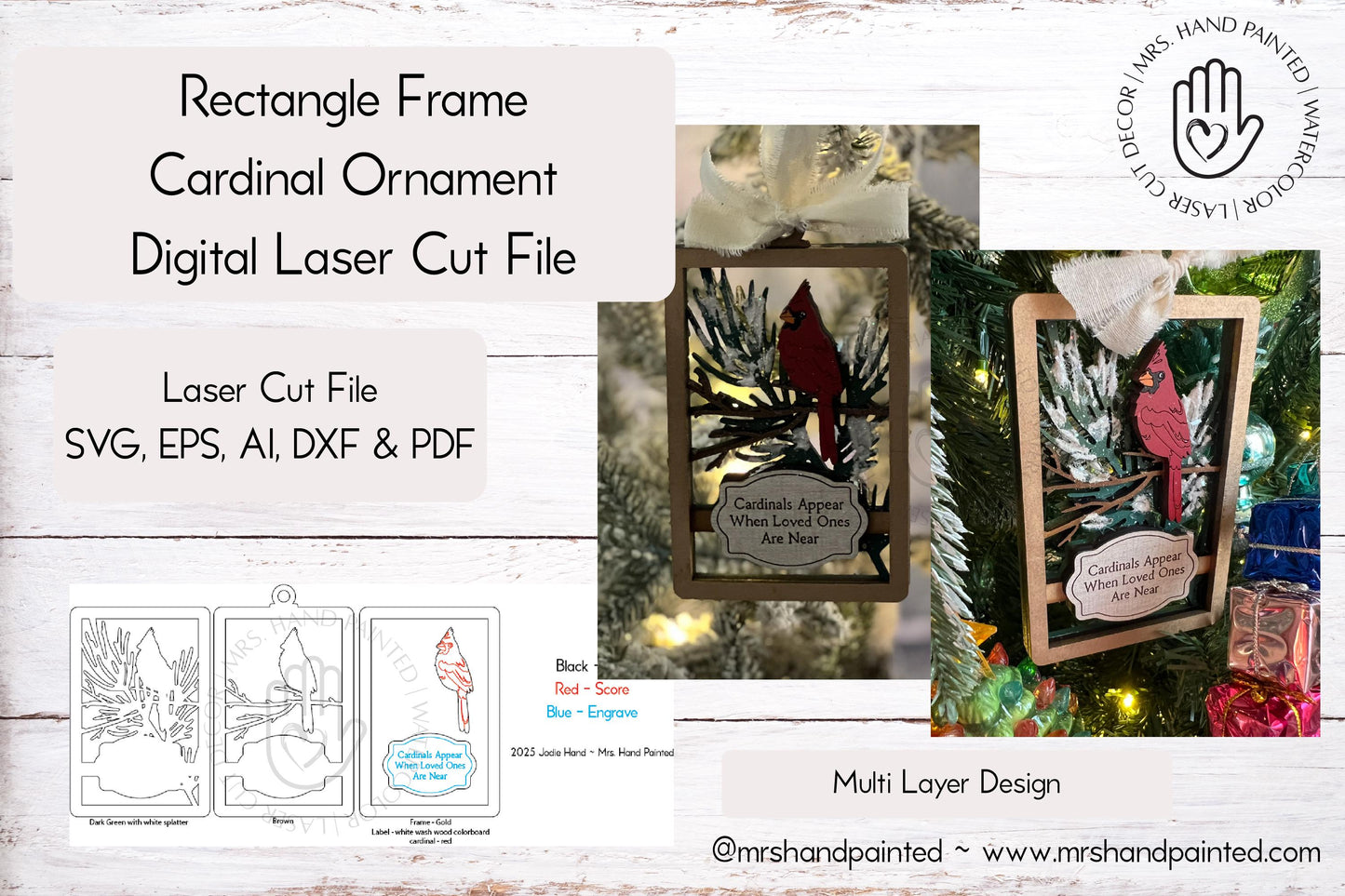 Digital Cut File - Rectangle Frame Cardinal Ornament