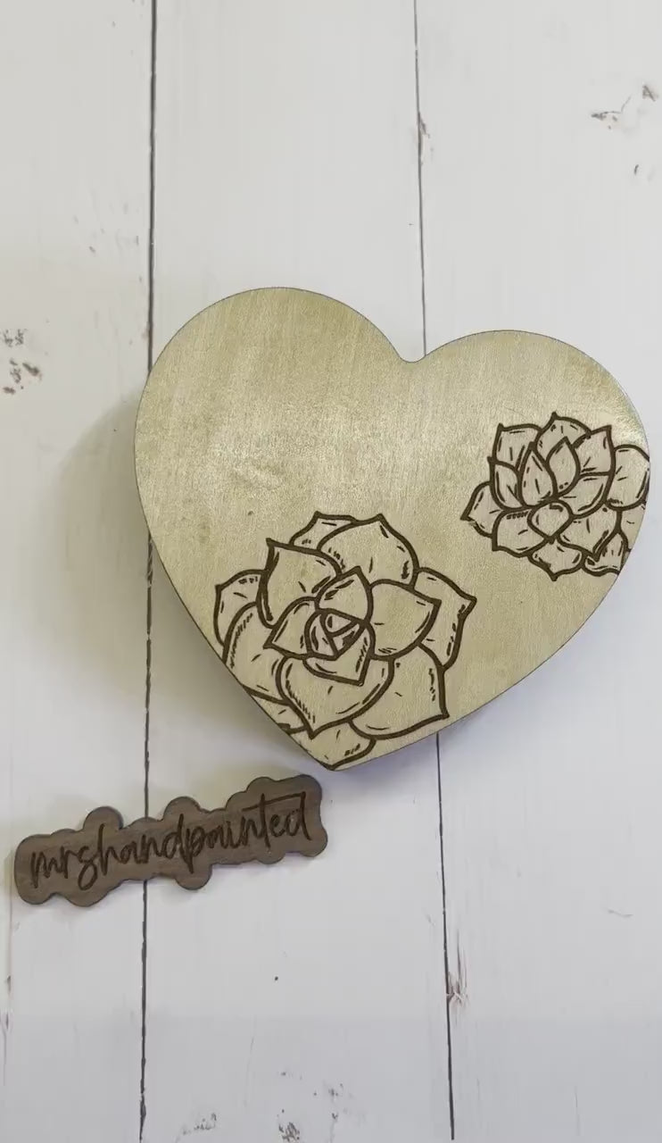 Heart Shaped with Succulents Engraved Wood Watercolor Box with Personalization