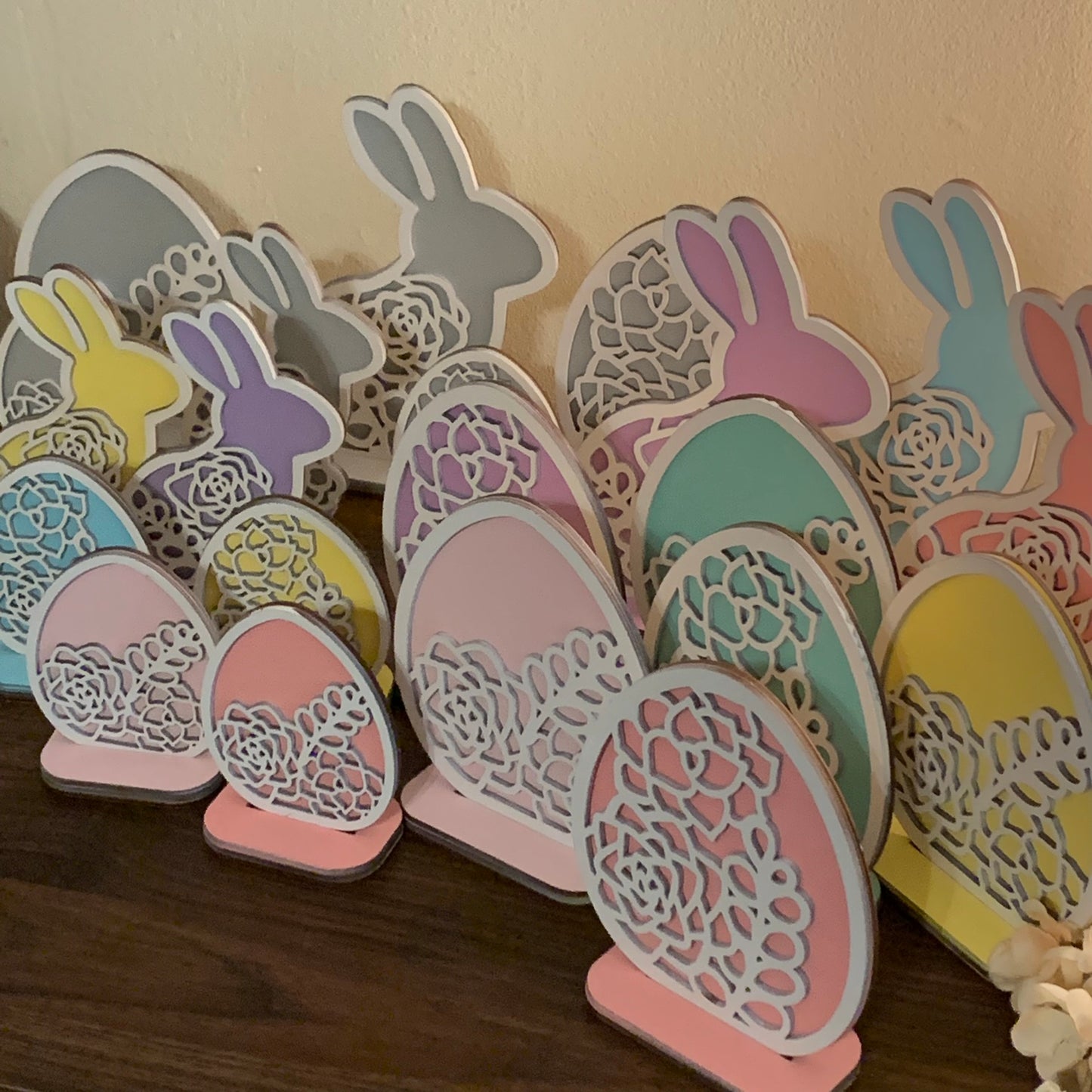 Layered Laser Cut Succulent Motif Easter Bunny and Eggs - Standing Shelf Sitter