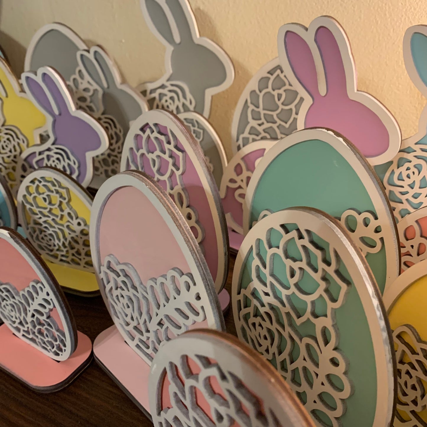 Layered Laser Cut Succulent Motif Easter Bunny and Eggs - Standing Shelf Sitter