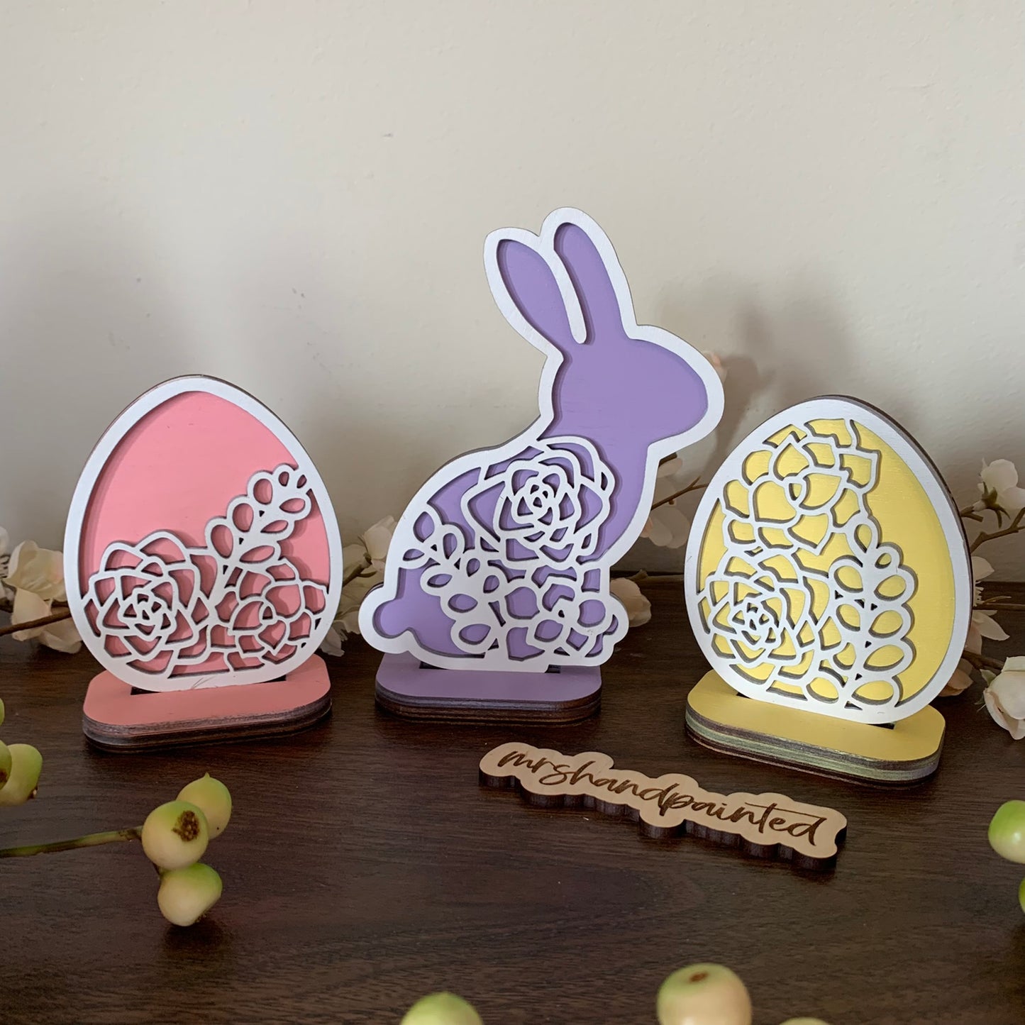 Layered Laser Cut Succulent Motif Easter Bunny and Eggs - Standing Shelf Sitter