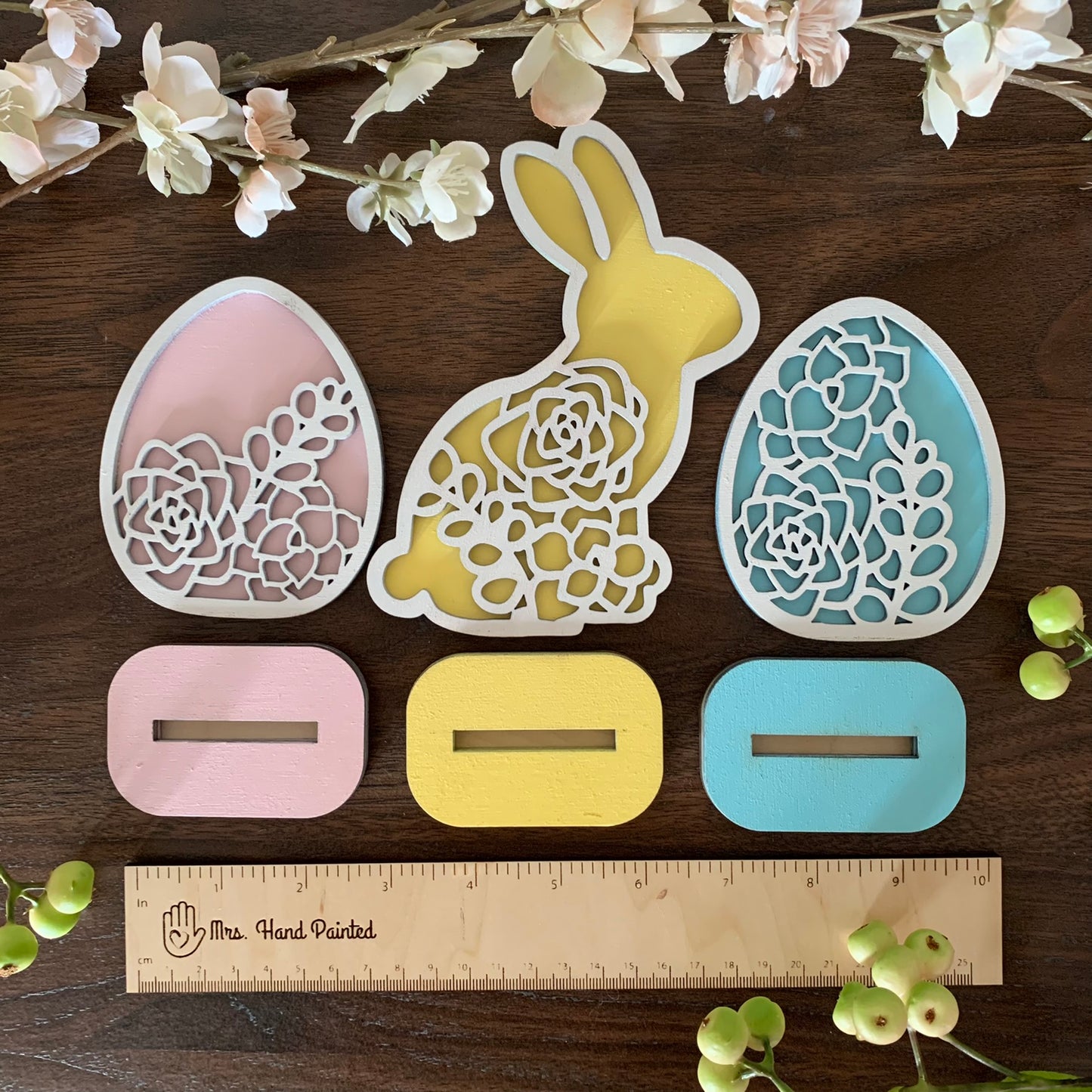 Layered Laser Cut Succulent Motif Easter Bunny and Eggs - Standing Shelf Sitter