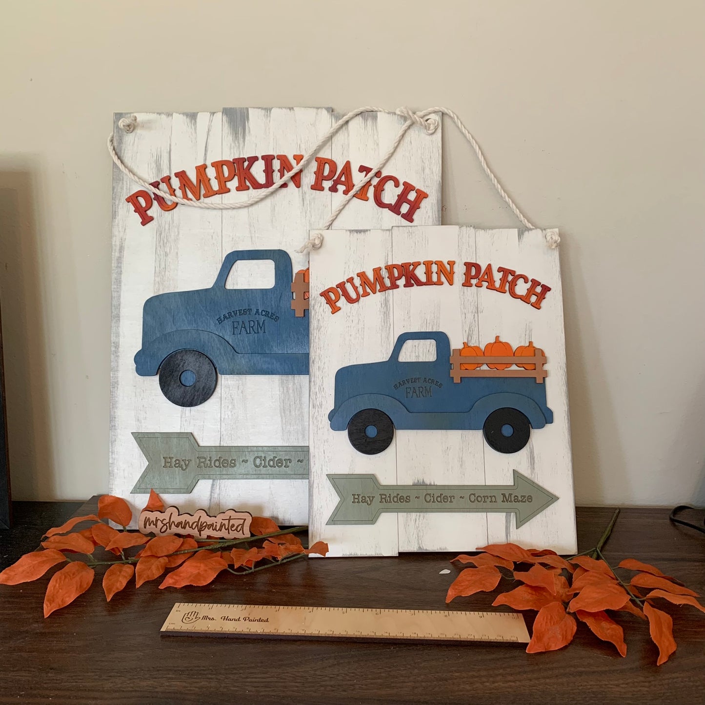 Fall Pumpkins Vintage Truck Shiplap Style Laser Cut Wood Door Hangers