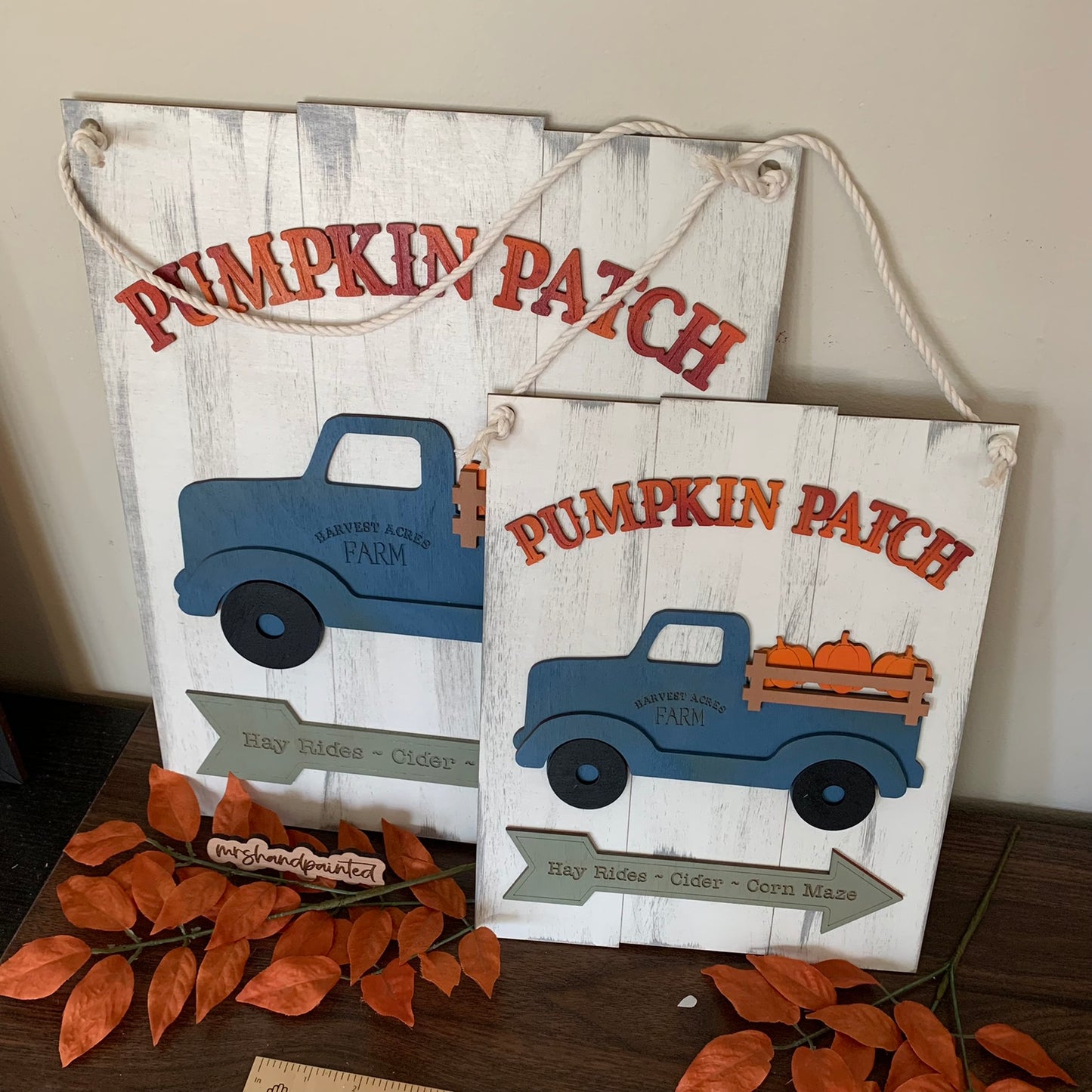 Fall Pumpkins Vintage Truck Shiplap Style Laser Cut Wood Door Hangers
