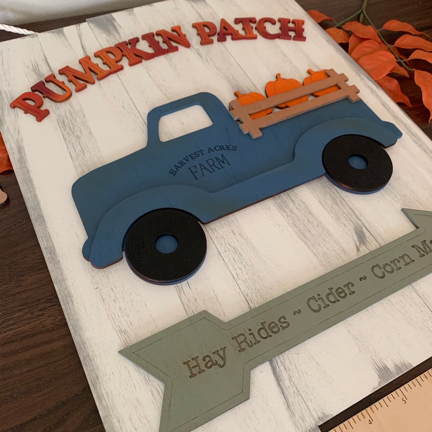 Fall Pumpkins Vintage Truck Shiplap Style Laser Cut Wood Door Hangers