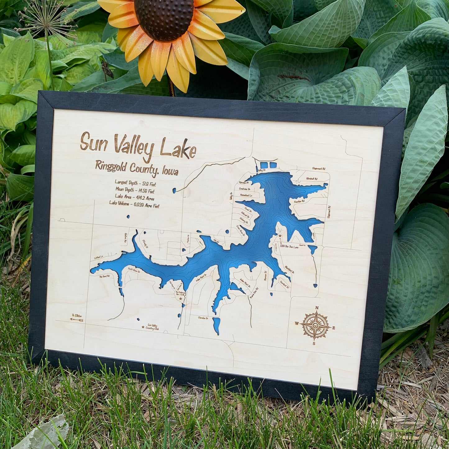Laser Cut Engraved Wood Lake Map - Sun Valley Lake - Ringgold County Iowa