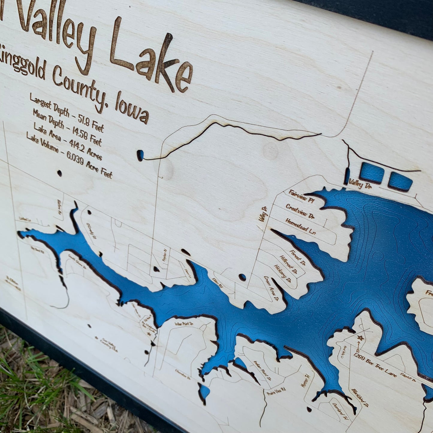 Laser Cut Engraved Wood Lake Map - Sun Valley Lake - Ringgold County Iowa