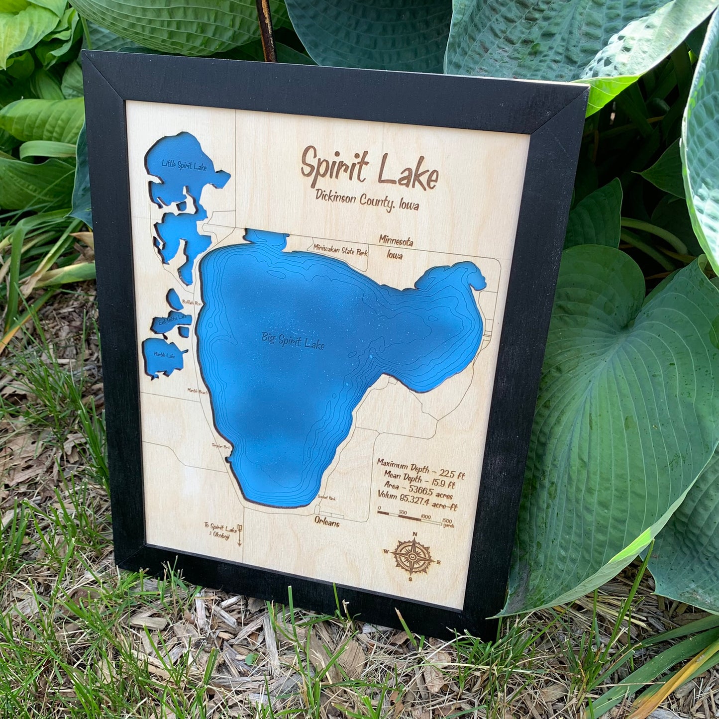 Laser Cut Engraved Wood Lake Map - Spirit Lake, Dickinson County, Iowa