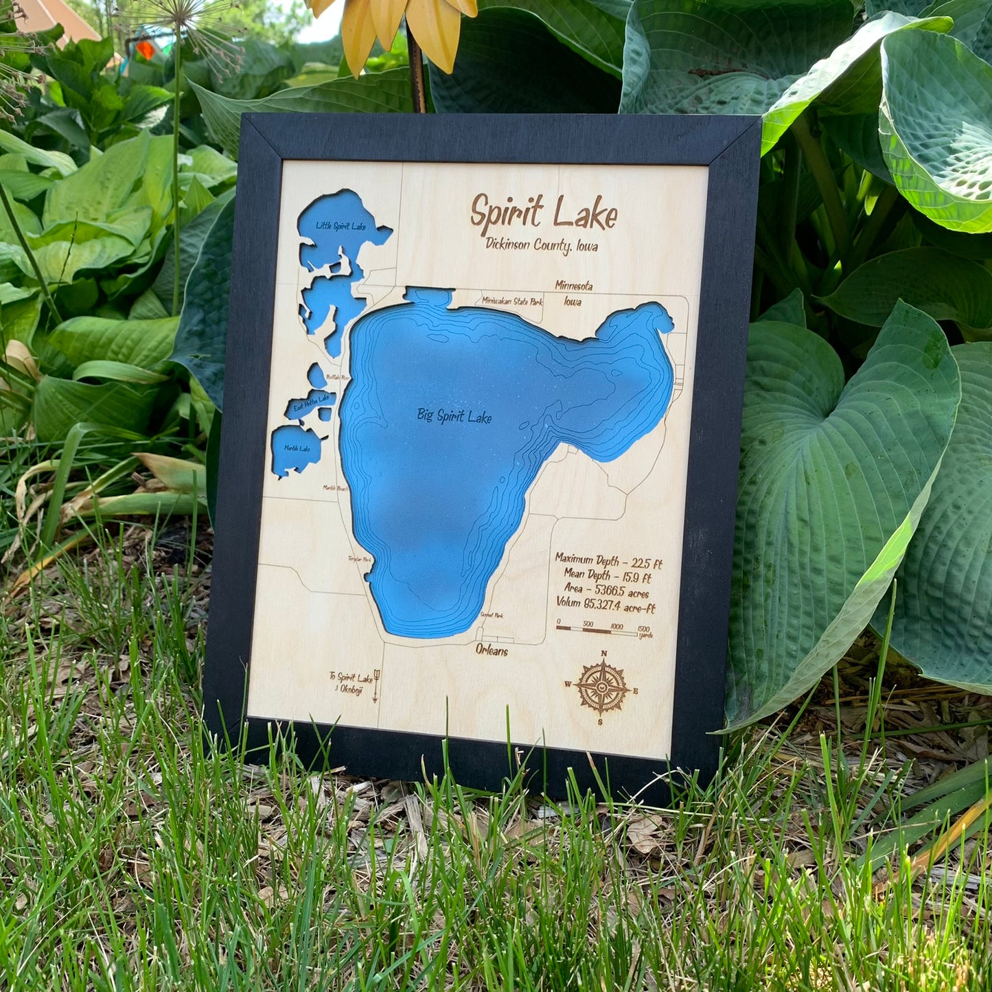 Laser Cut Engraved Wood Lake Map - Spirit Lake, Dickinson County, Iowa