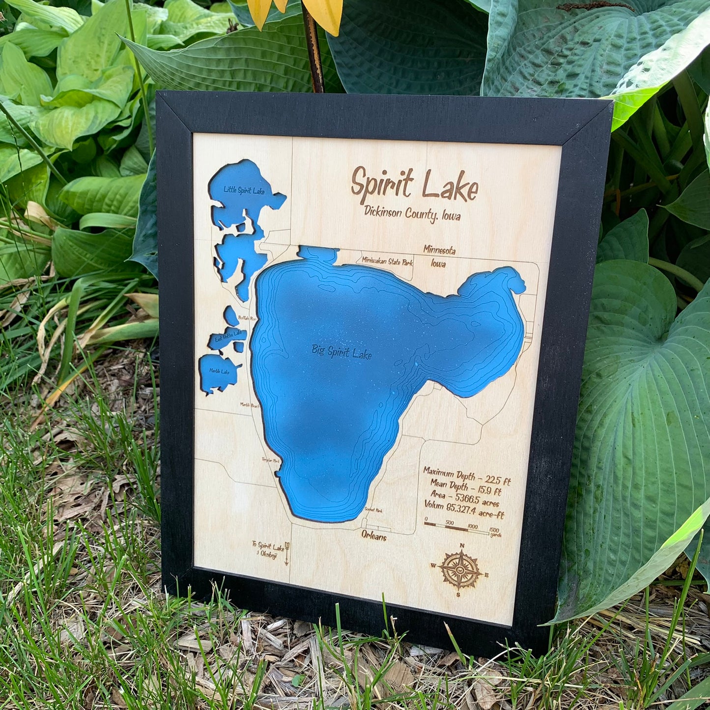 Laser Cut Engraved Wood Lake Map - Spirit Lake, Dickinson County, Iowa