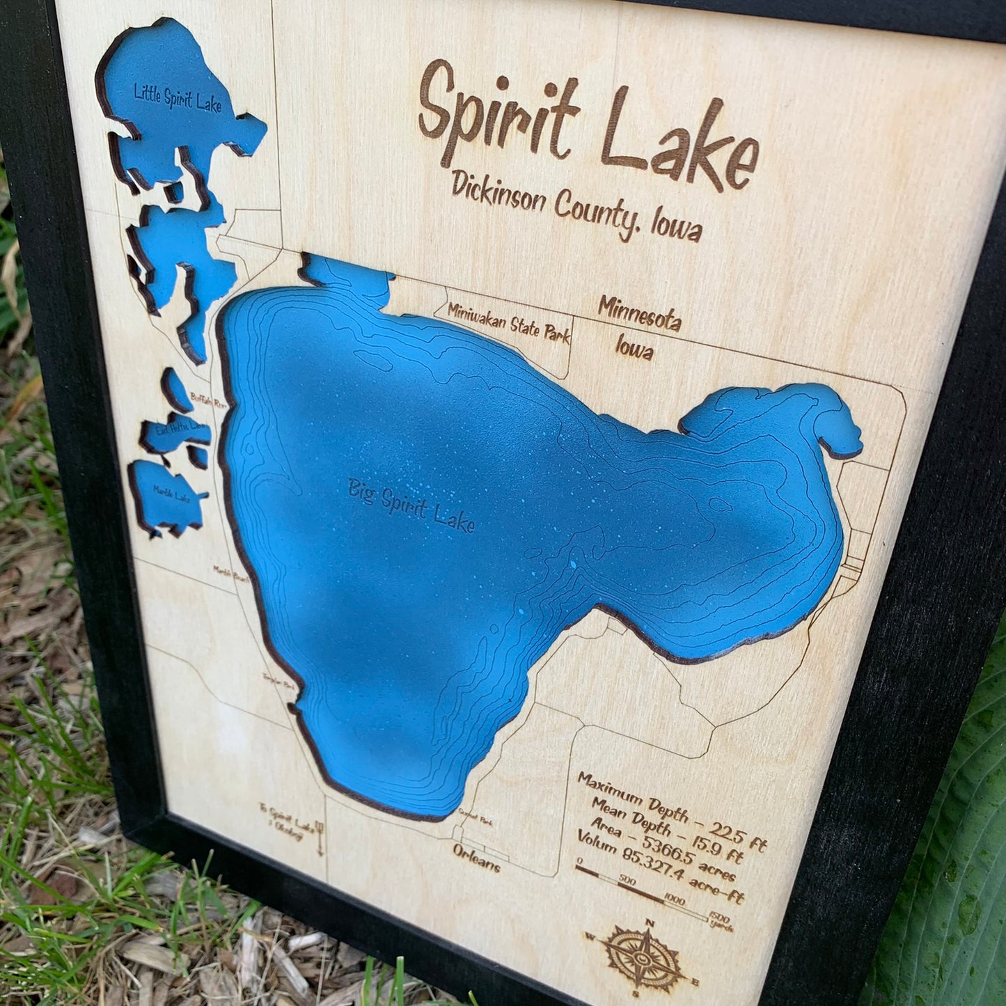 Laser Cut Engraved Wood Lake Map - Spirit Lake, Dickinson County, Iowa