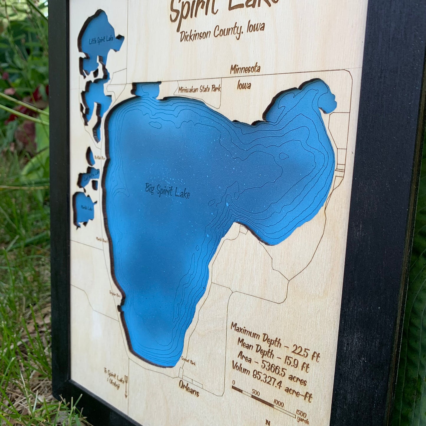 Laser Cut Engraved Wood Lake Map - Spirit Lake, Dickinson County, Iowa