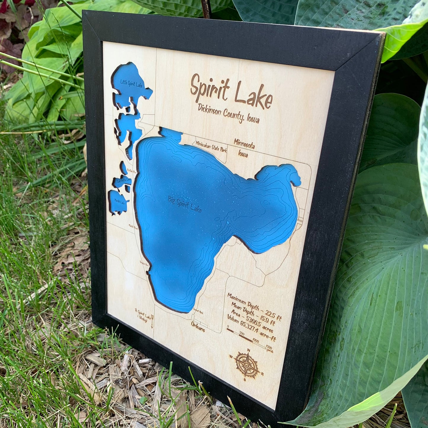 Laser Cut Engraved Wood Lake Map - Spirit Lake, Dickinson County, Iowa