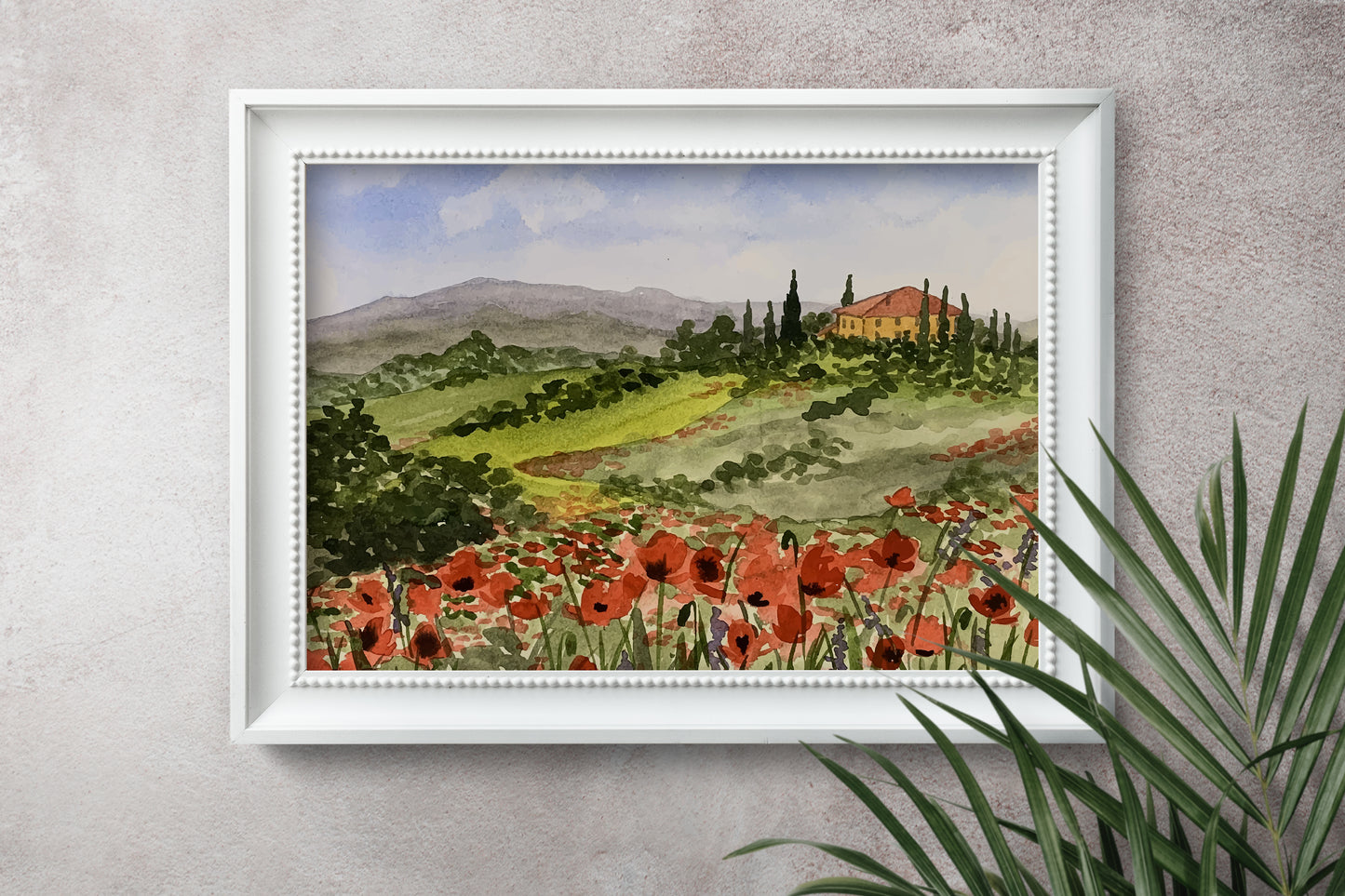 Watercolor Tuscan Poppies Landscape #2 Giclee Fine Art Print Reproduction