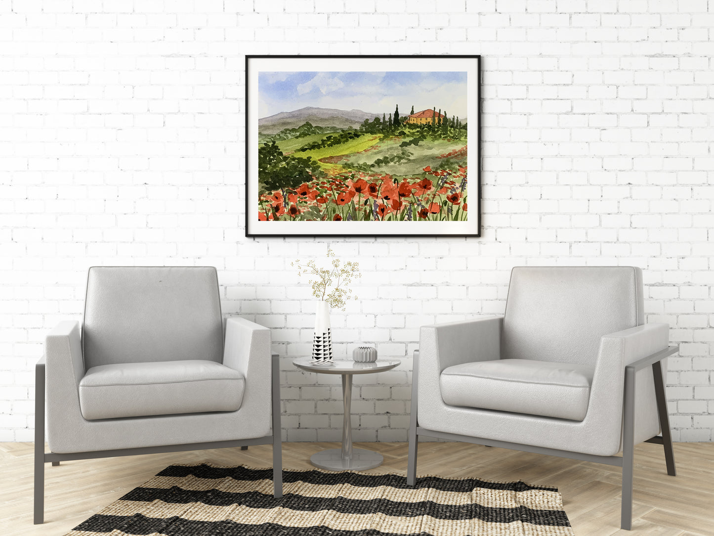 Watercolor Tuscan Poppies Landscape #2 Giclee Fine Art Print Reproduction