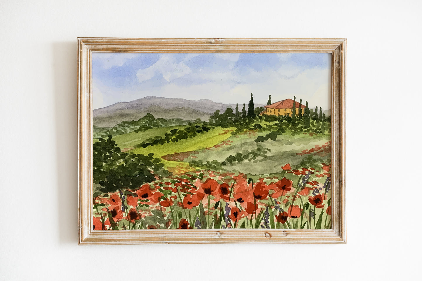 Watercolor Tuscan Poppies Landscape #2 Giclee Fine Art Print Reproduction