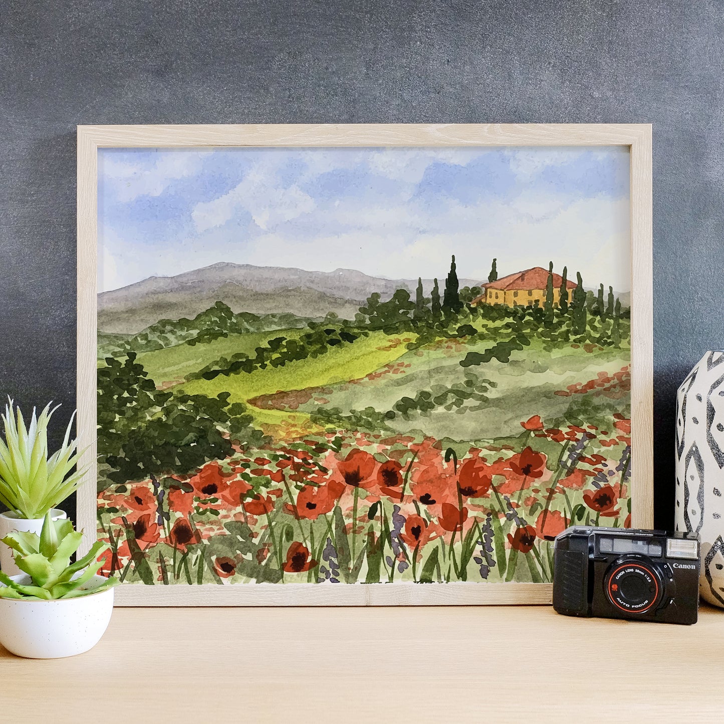 Watercolor Tuscan Poppies Landscape #2 Giclee Fine Art Print Reproduction