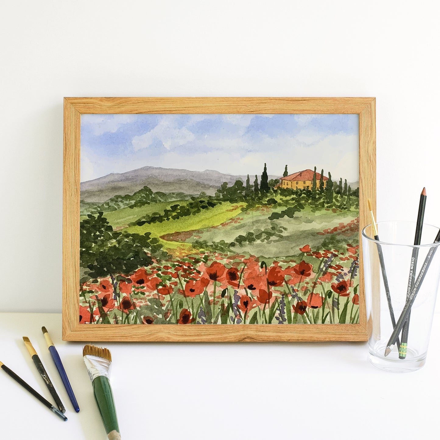 Watercolor Tuscan Poppies Landscape #2 Giclee Fine Art Print Reproduction