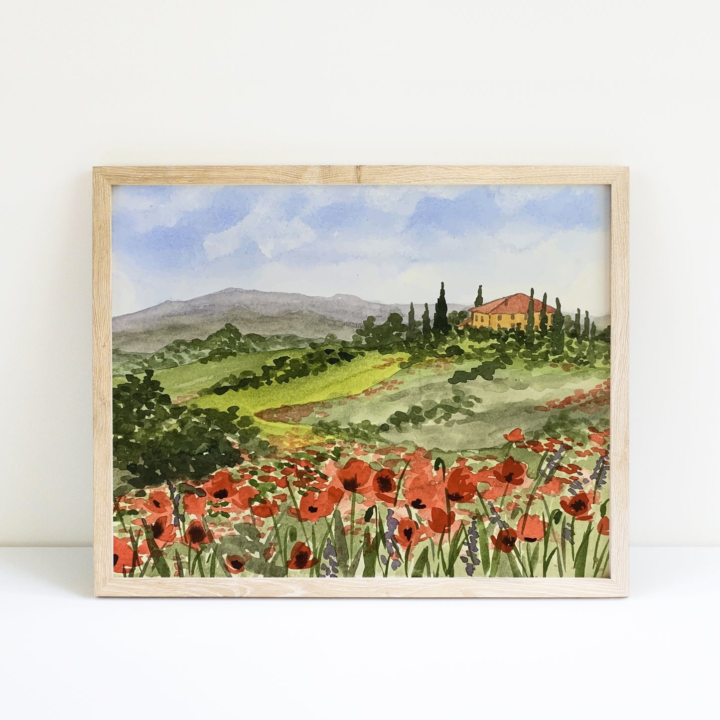 Watercolor Tuscan Poppies Landscape #2 Giclee Fine Art Print Reproduction