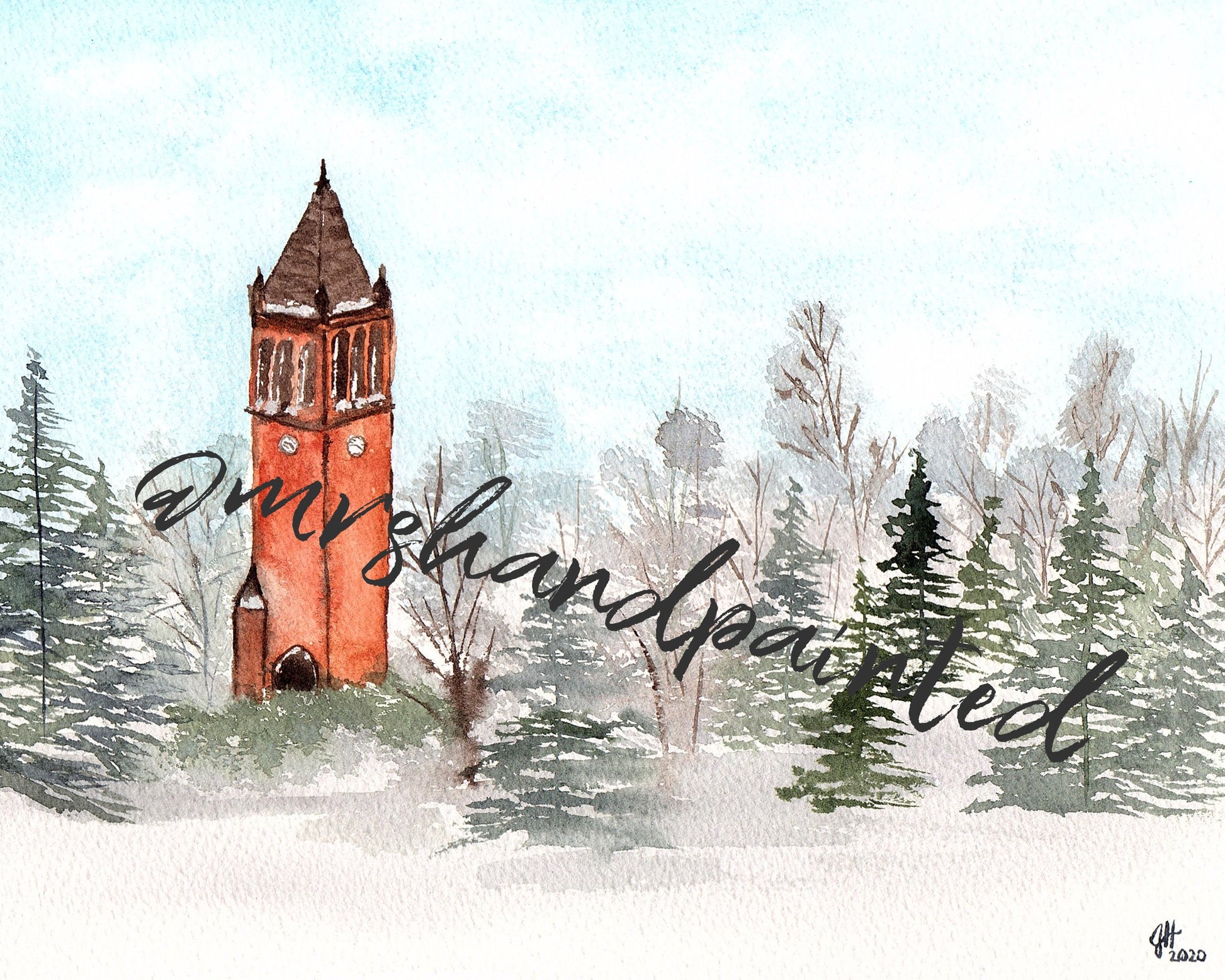Iowa State Campanile Watercolor Winter Landscape - Giclee Print - Fine Art Reproduction size 8x10"