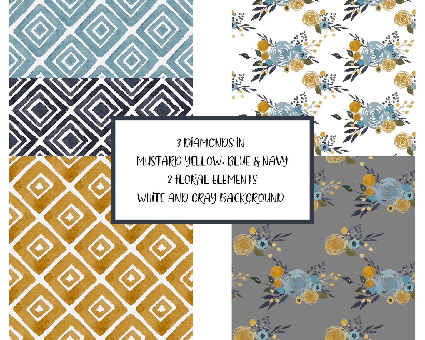 Digital Scrapbook Paper Backgrounds - Roses and Billy Buttons - Mustard Yellow, Blue & Navy Patterns