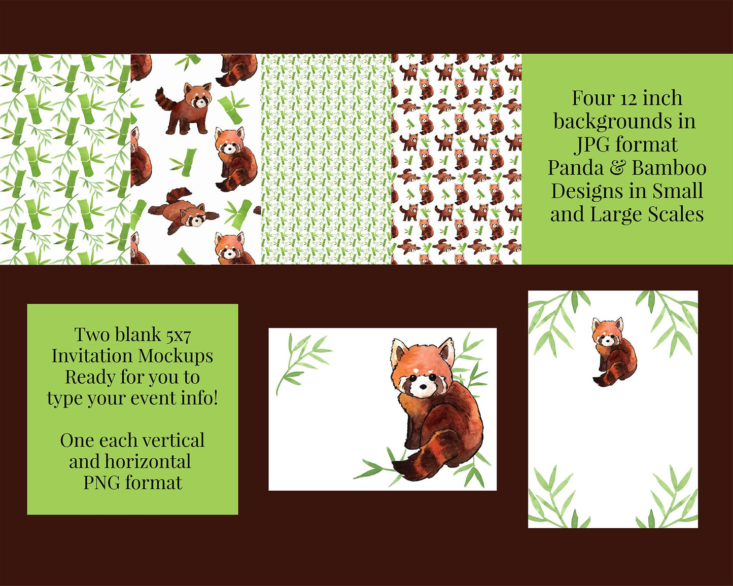Watercolor Red Panda & Bamboo Digital Clipart and Scrapbook Papers / backgrounds, Baby Shower Invitation, Birthday Party Invite, Zoo Theme