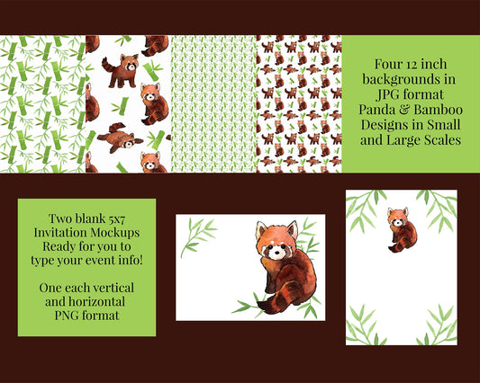 Watercolor Red Panda & Bamboo Digital Clipart and Scrapbook Papers / backgrounds, Baby Shower Invitation, Birthday Party Invite, Zoo Theme