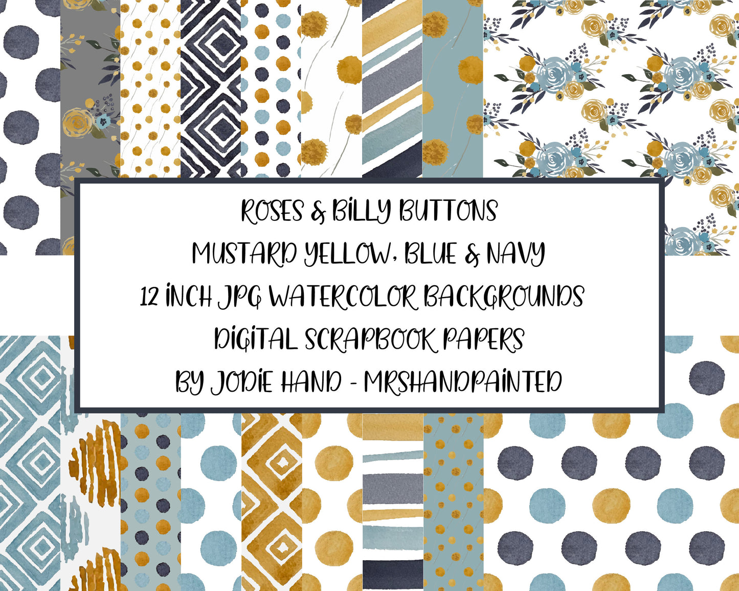 Digital Scrapbook Paper Backgrounds - Roses and Billy Buttons - Mustard Yellow, Blue & Navy Patterns