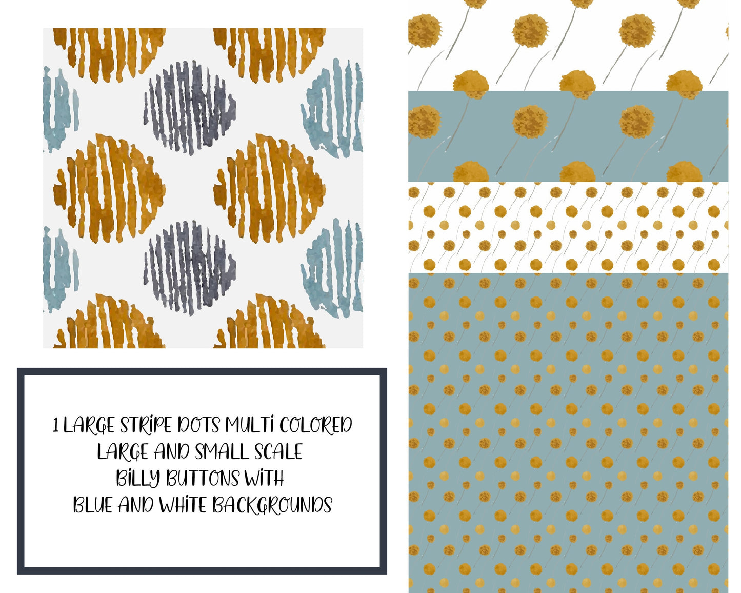 Digital Scrapbook Paper Backgrounds - Roses and Billy Buttons - Mustard Yellow, Blue & Navy Patterns