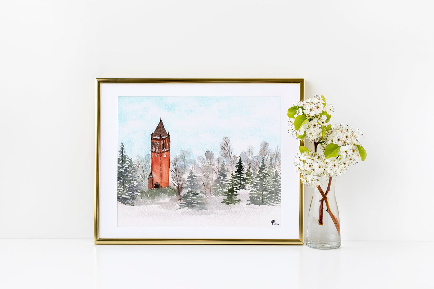 Iowa State Campanile Watercolor Winter Landscape - Giclee Print - Fine Art Reproduction size 8x10"