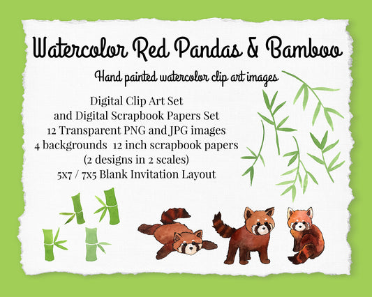 Watercolor Red Panda & Bamboo Digital Clipart and Scrapbook Papers / backgrounds, Baby Shower Invitation, Birthday Party Invite, Zoo Theme