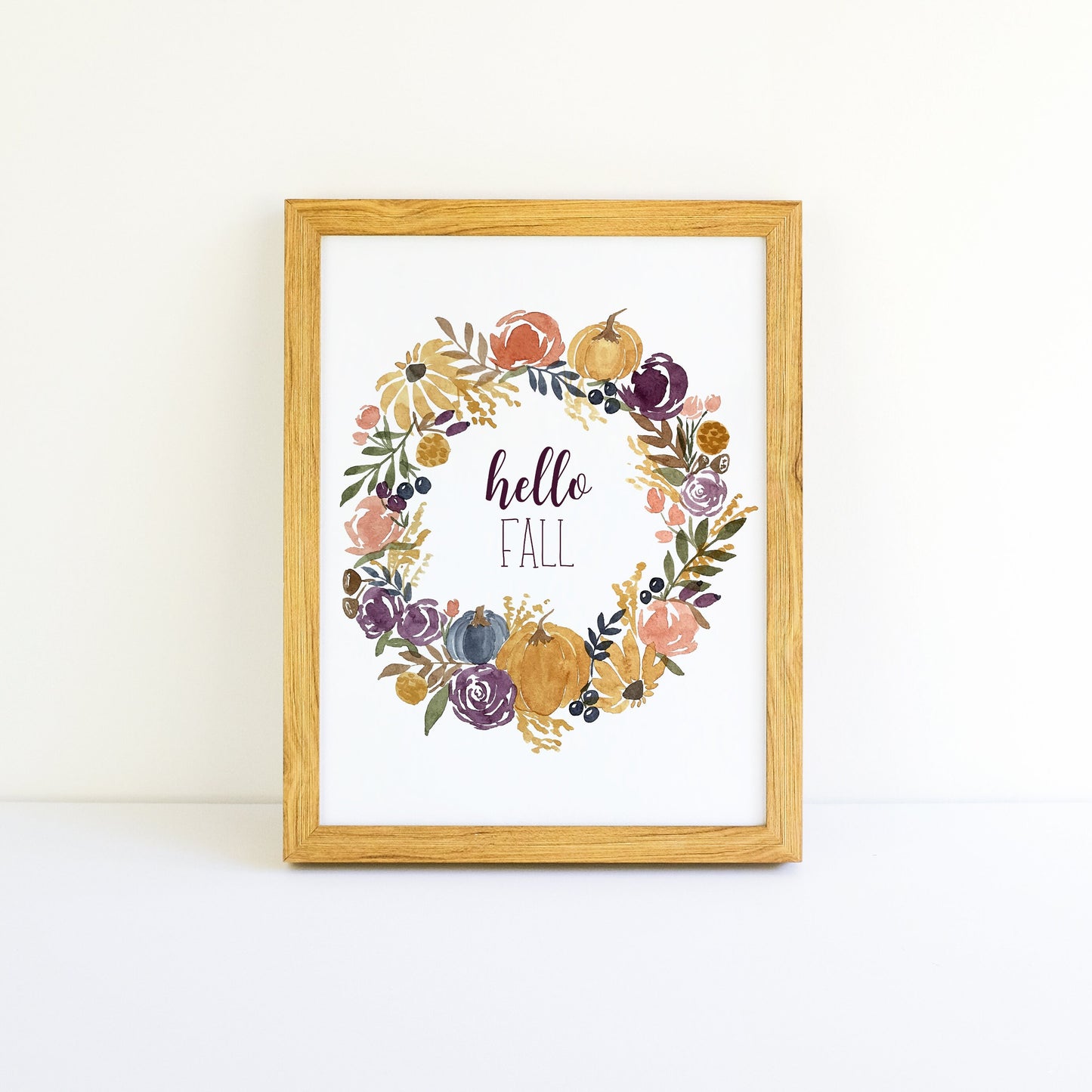 Watercolor Fall Floral Wreath - Digital Download - Printable Artwork, Fine Art Print, Autumn Flowers and Pumpkins