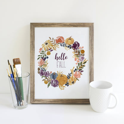 Watercolor Fall Floral Wreath - Digital Download - Printable Artwork, Fine Art Print, Autumn Flowers and Pumpkins