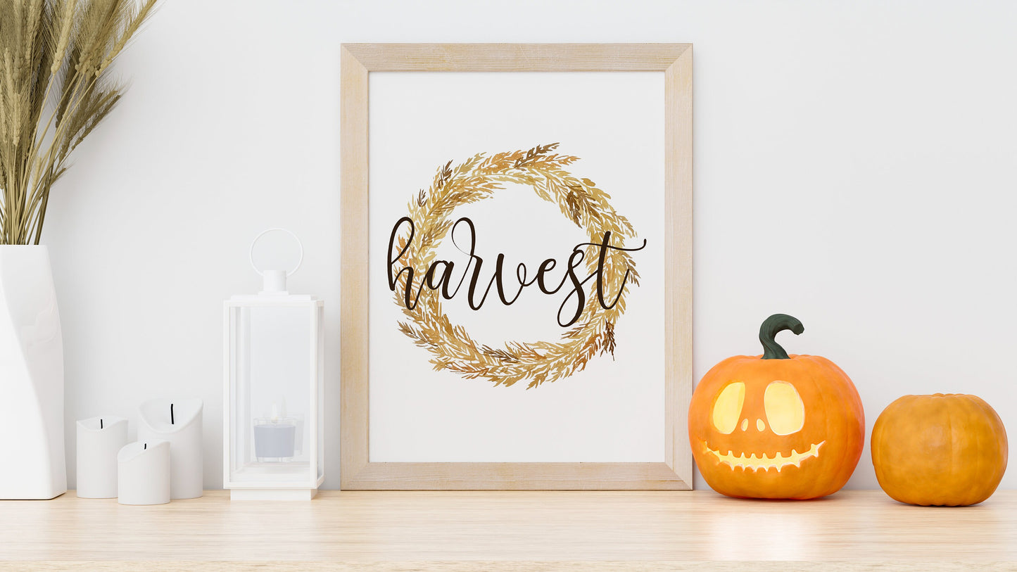 Autumn, Harvest & Gather - Trio of Printable Artwork- Watercolor Wheat Wreath Artwork, Digital Download Printable Autumn / Fall Art Prints