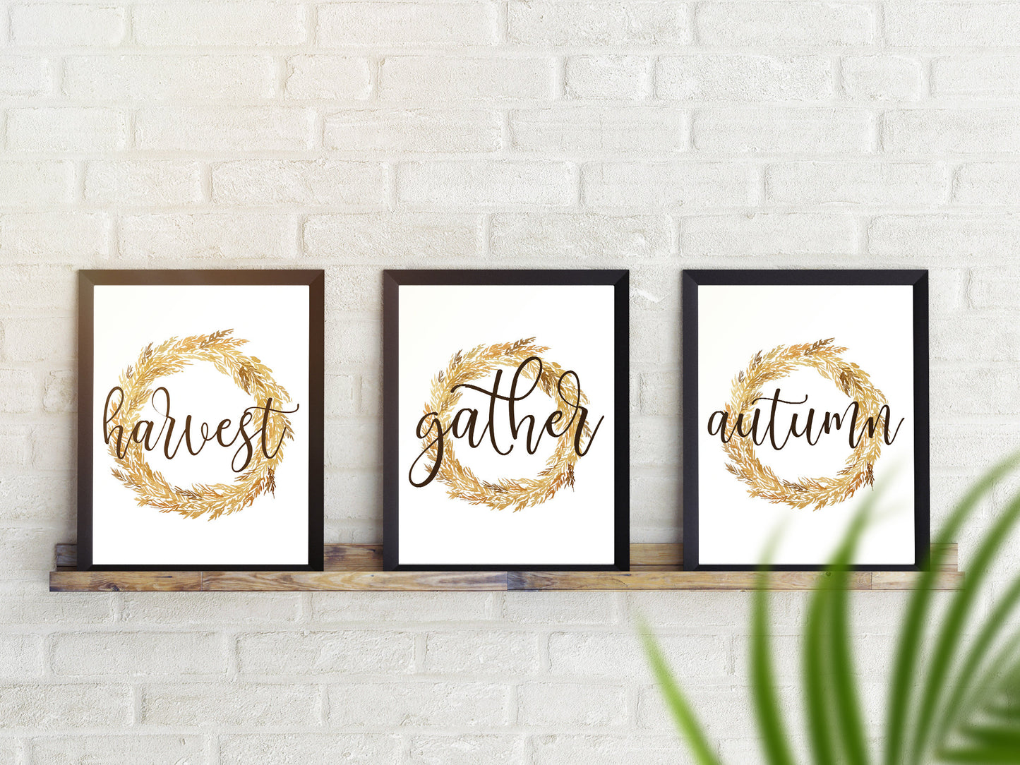 Autumn, Harvest & Gather - Trio of Printable Artwork- Watercolor Wheat Wreath Artwork, Digital Download Printable Autumn / Fall Art Prints