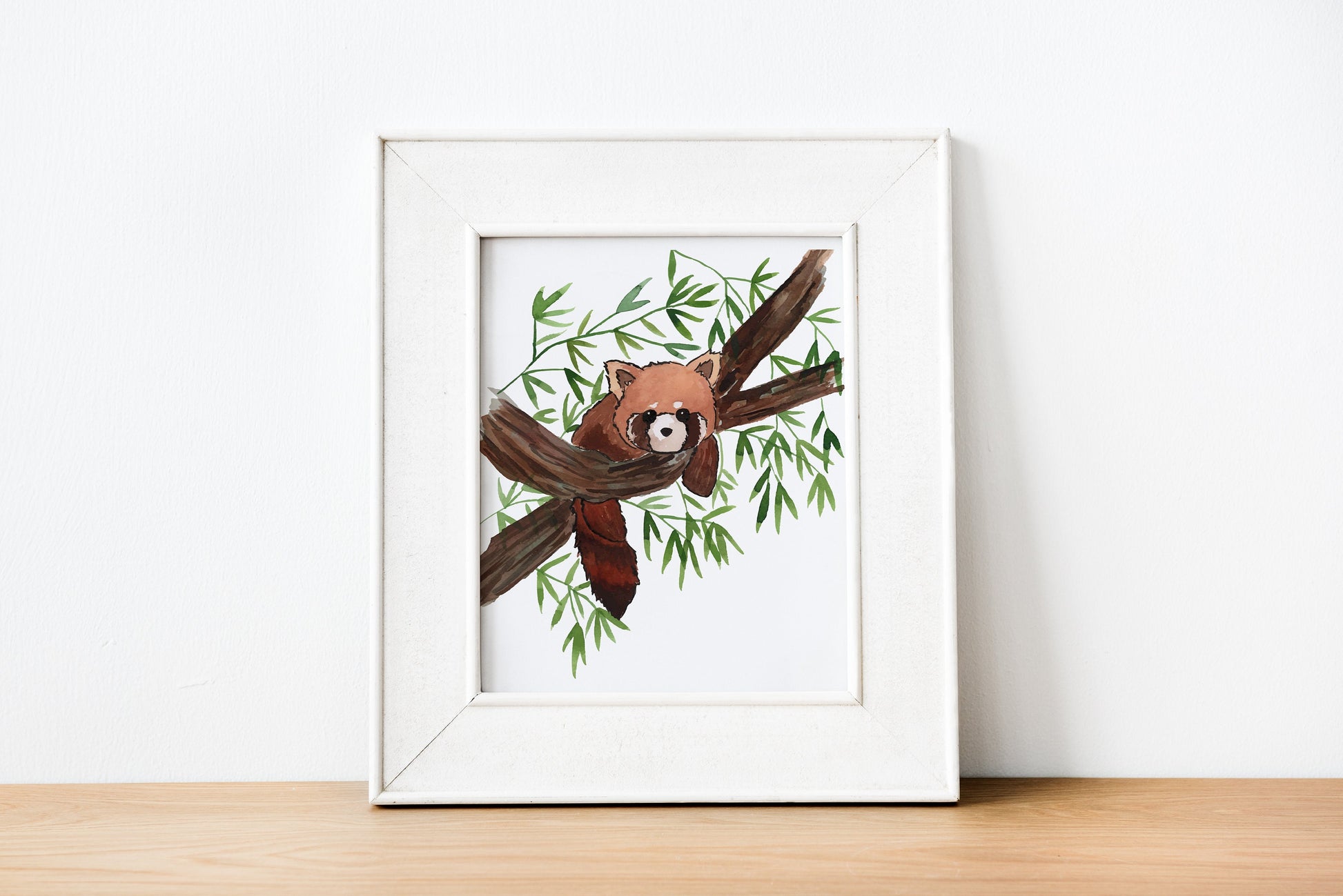 Watercolor Red Panda in Tree with Bamboo Leaves, Digital Download Printable Artwork, Fine Art Print, Nursery Decor
